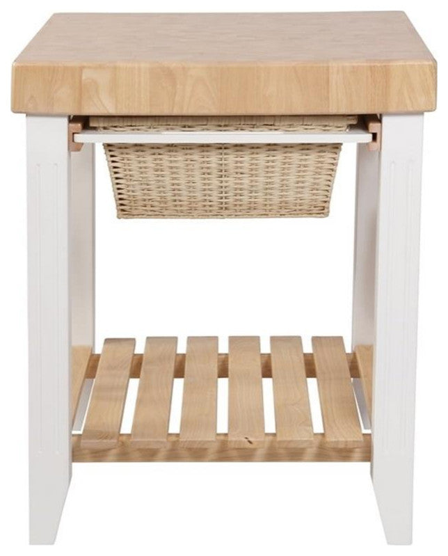 Linon Kolton Butcher Block Kitchen Island with 2 Baskets in White/Natural Wood