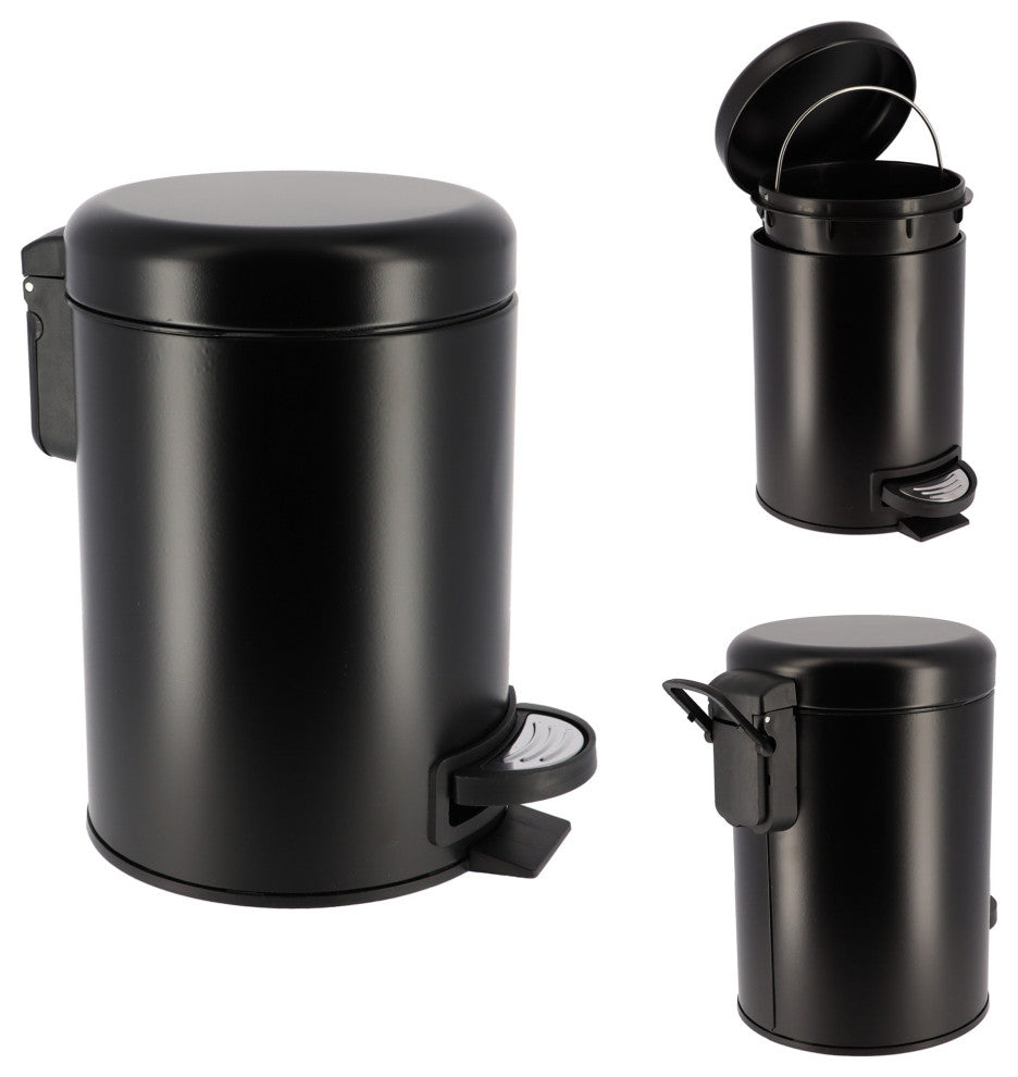 Evideco Soft Close Small Round Metal Floor Step Trash Can Waste Bin, Black