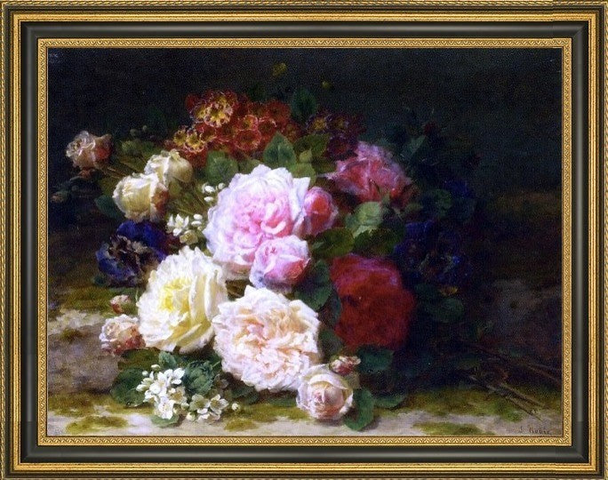 Jean Baptiste Robie Still Life of Roses Framed Premium Canvas Print, 21"x28"