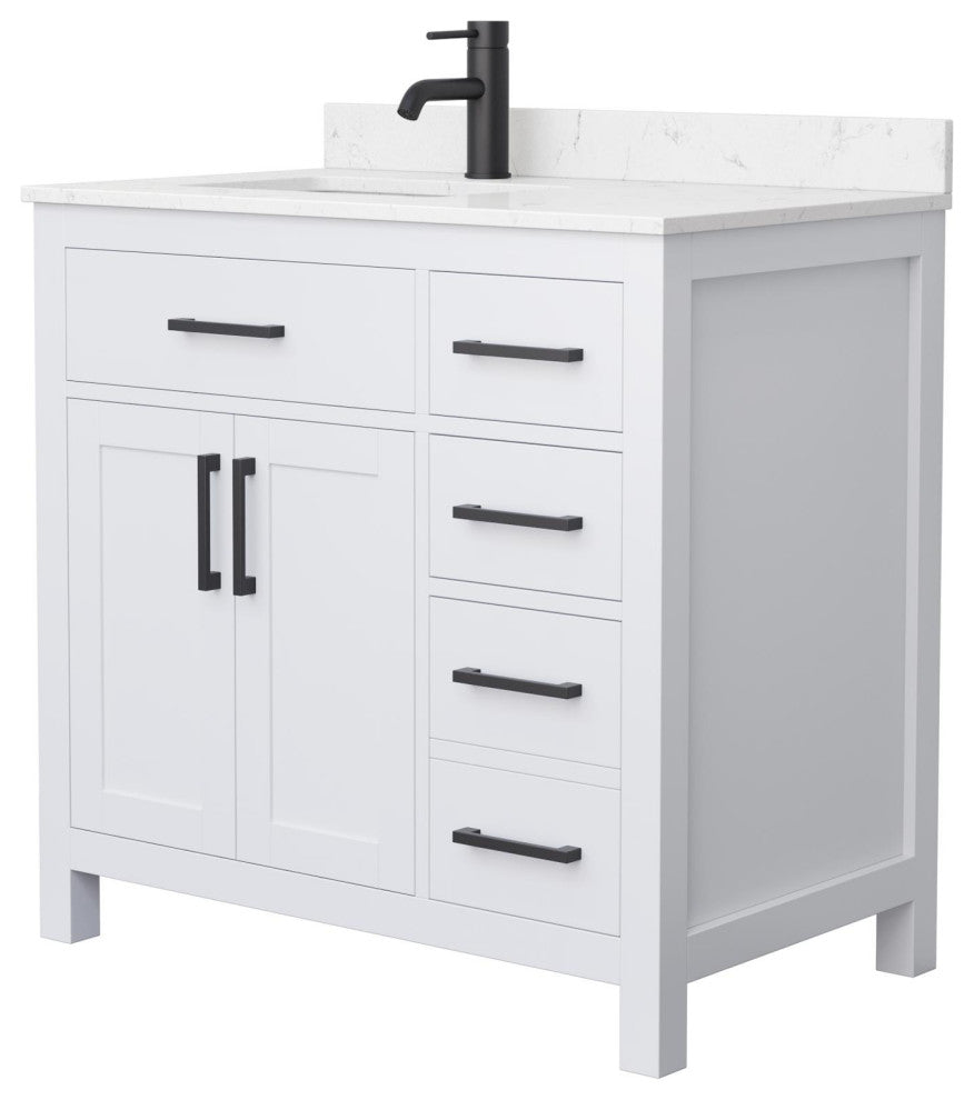 Beckett 36" White Single Vanity, Carrara Cultured Marble Top, Black Trim