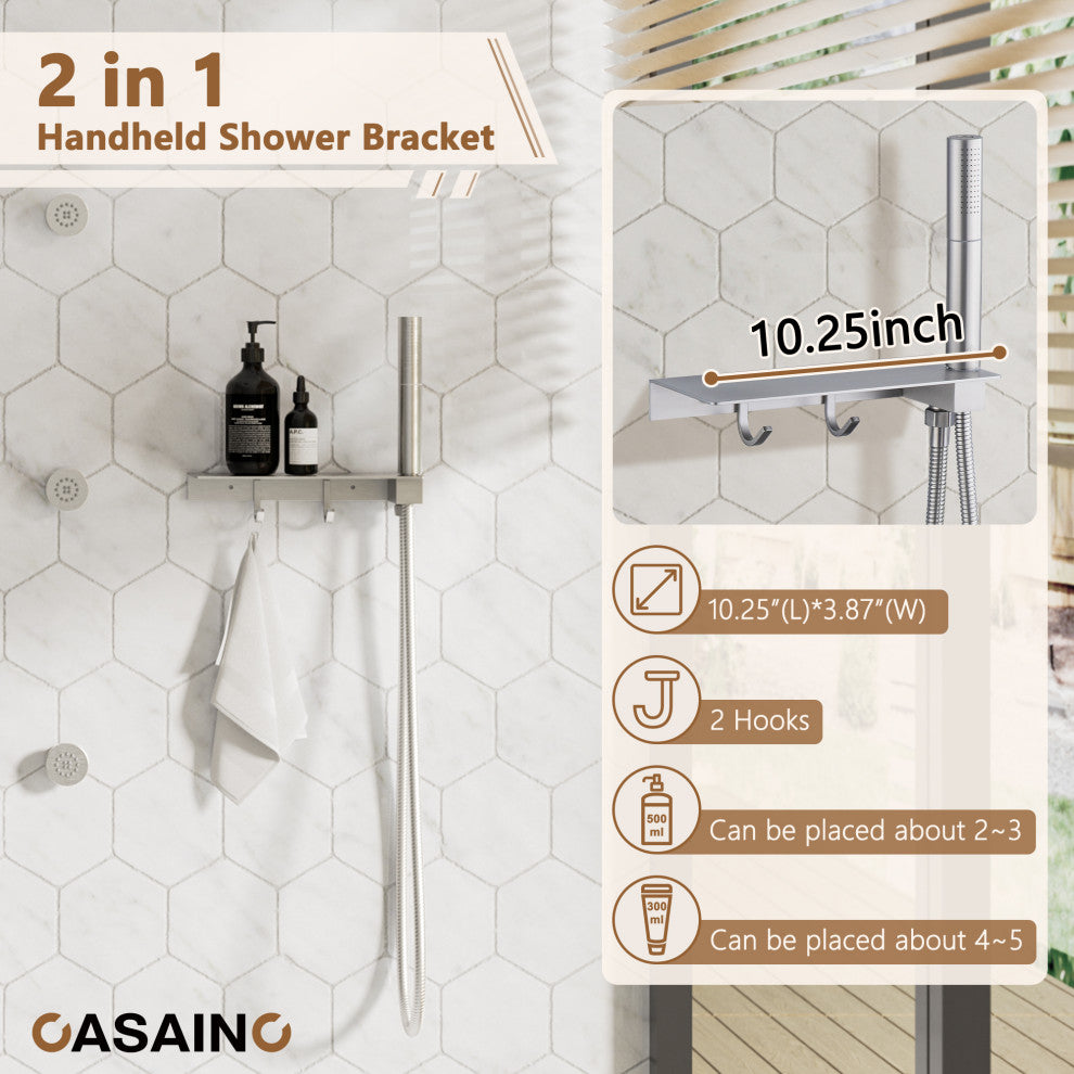12inch Shower System With Shelf, Handheld Shower With Spray Gun Feature, Brushed Nickel