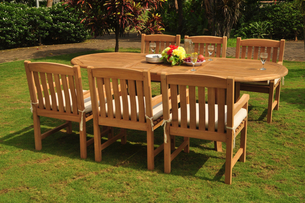7-Piece Outdoor Teak Dining Set, 94" Extension Oval Table, 6 Devon Arm Chairs