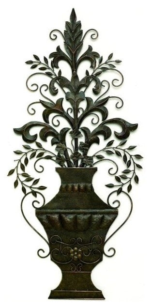 Fleur de Lis Floral Urn Metal Wall Plaque, 35" Green Brown Outdoor Art Deco