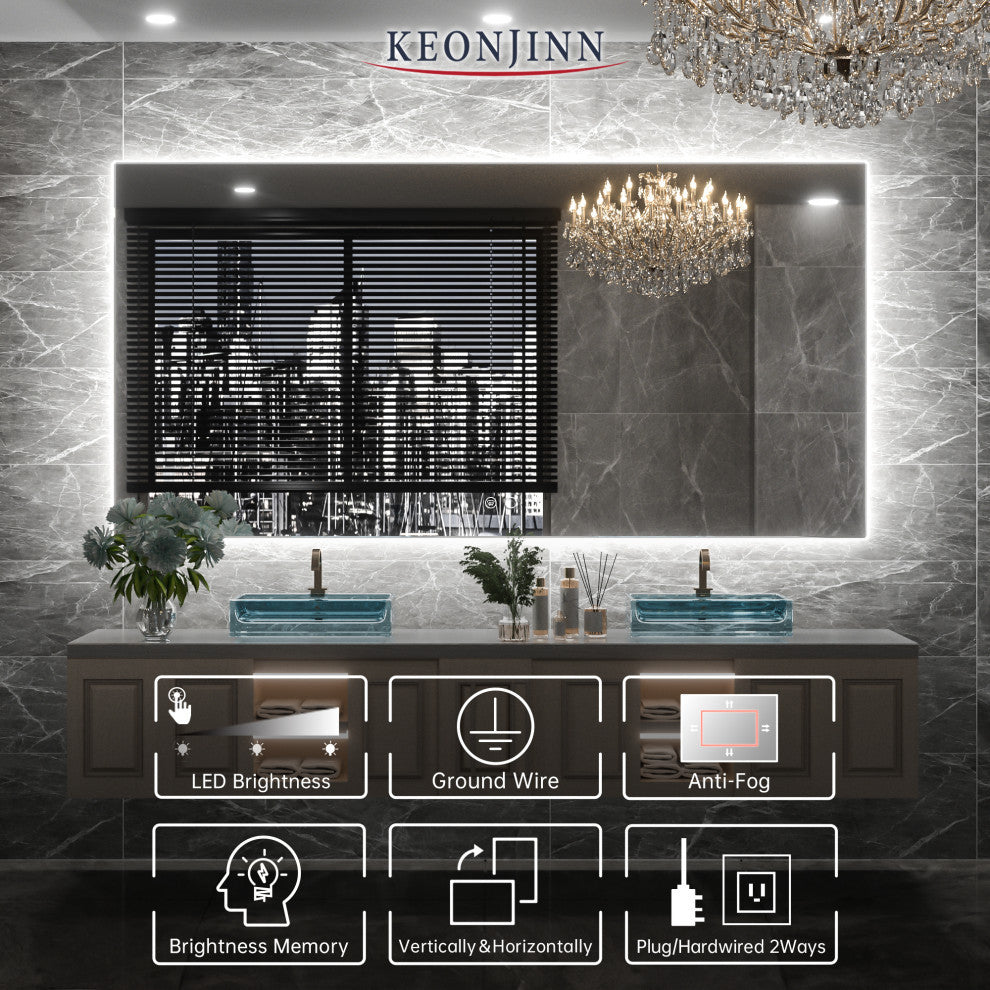 Backlit LED Mirror for Bathroom, Anti-Fog Dimmable, Silver, 60x28