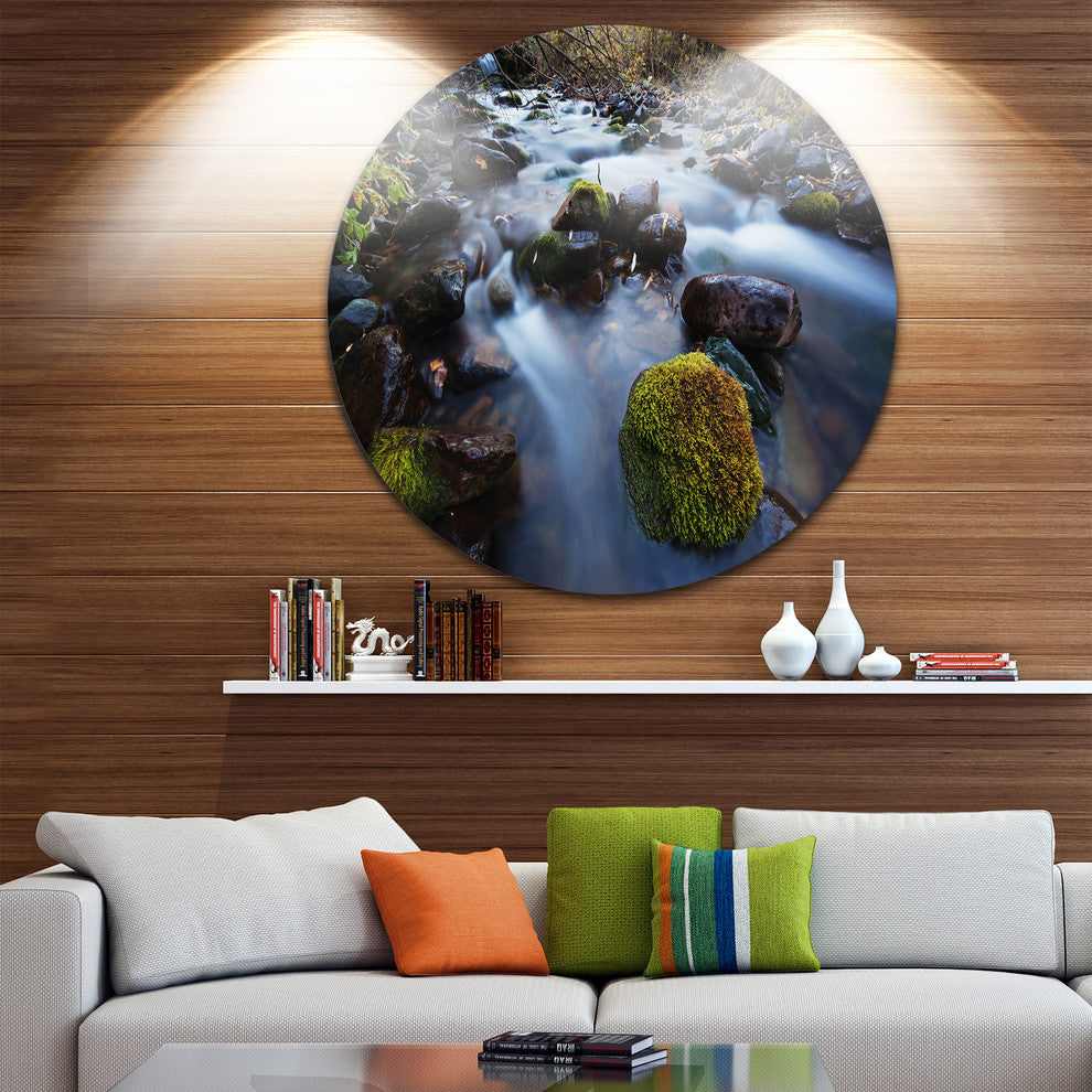 Fast Flowing Mountain River, Landscape Photo Round Metal Wall Art, 36"