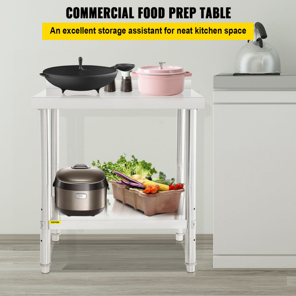 Stainless Steel Prep Table Heavy Duty Metal Worktable w/ Backsplash Undershelf, 30x24x35 Inch