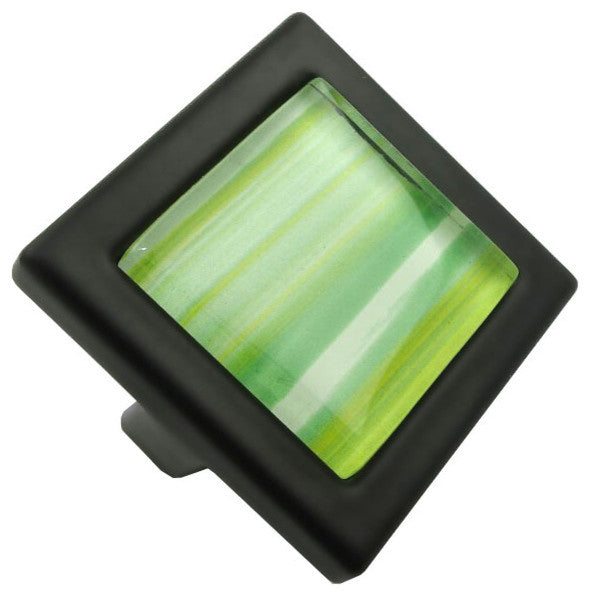 Hand Brushed Yellow Green Stripes Crystal Glass Black Metal Square Manor Knob