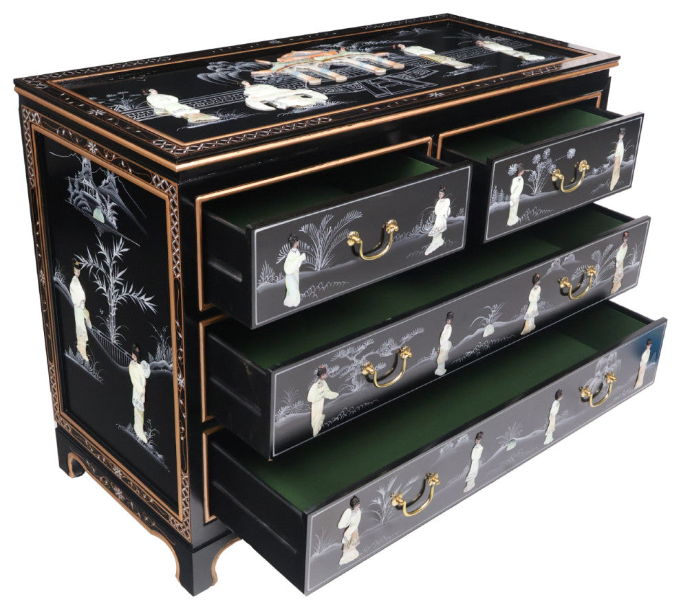 Shiny Black and Pearl Inlaid Oriental Dresser With 4 Drawers