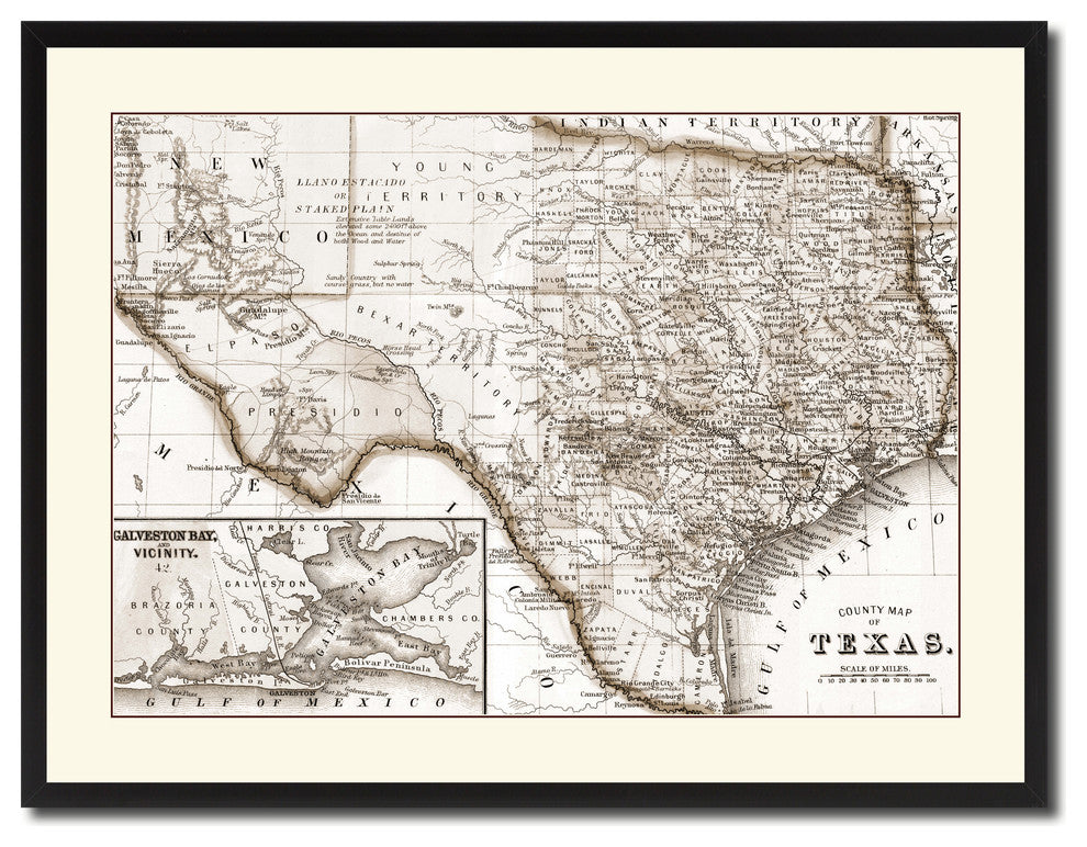 Texas Vintage Sepia Map Canvas Print, 28"x37"