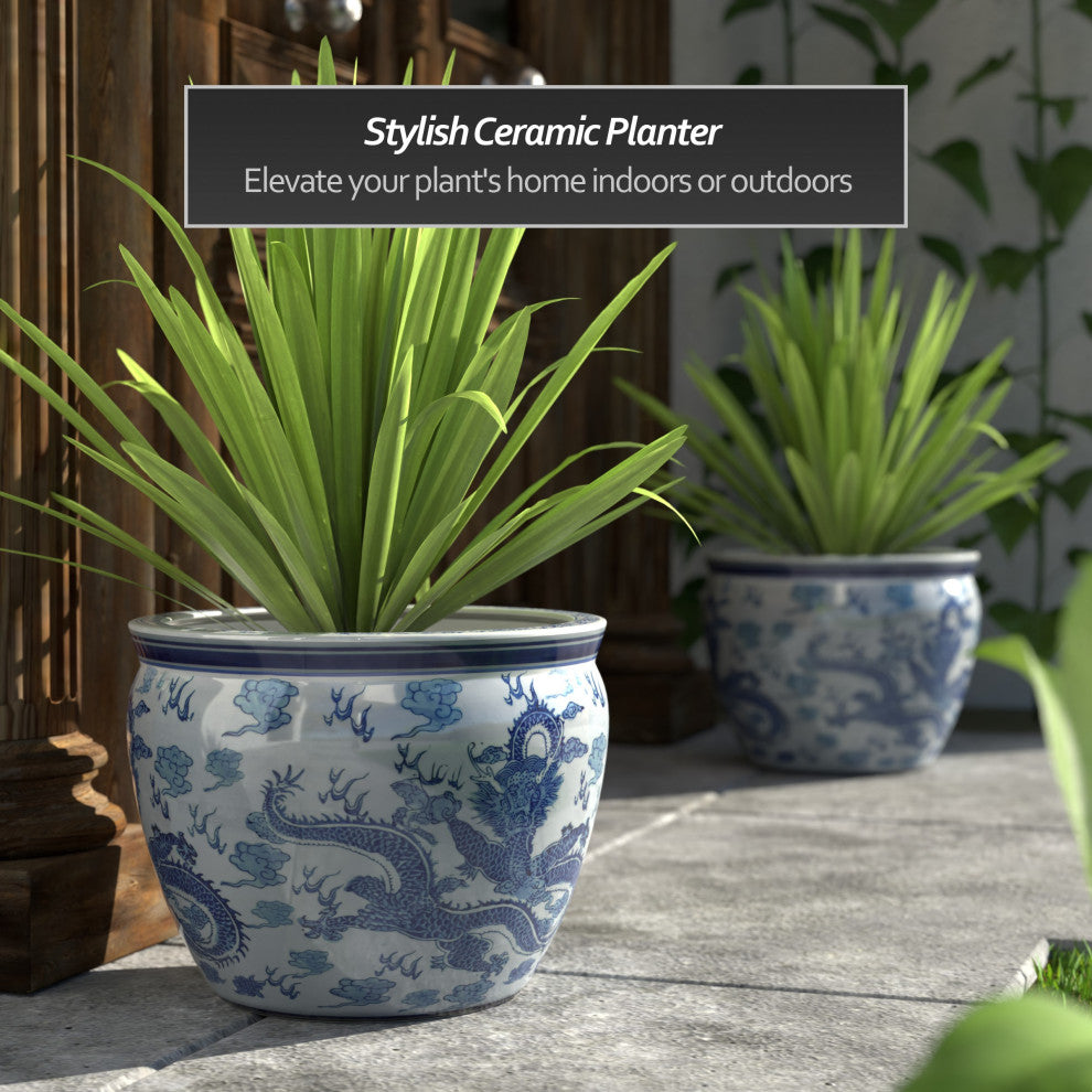 16" Dragon Blue and White Porcelain Fishbowl