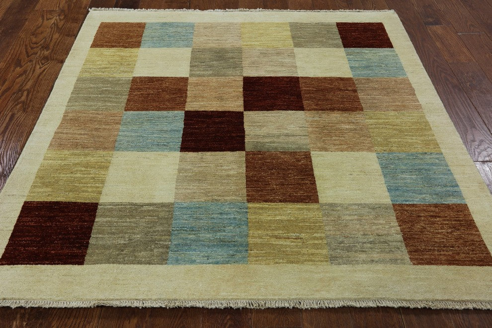New Mutlicolor Checked 5'x5' Square Gabbeh Hand Knotted Wool Area Rug H8586