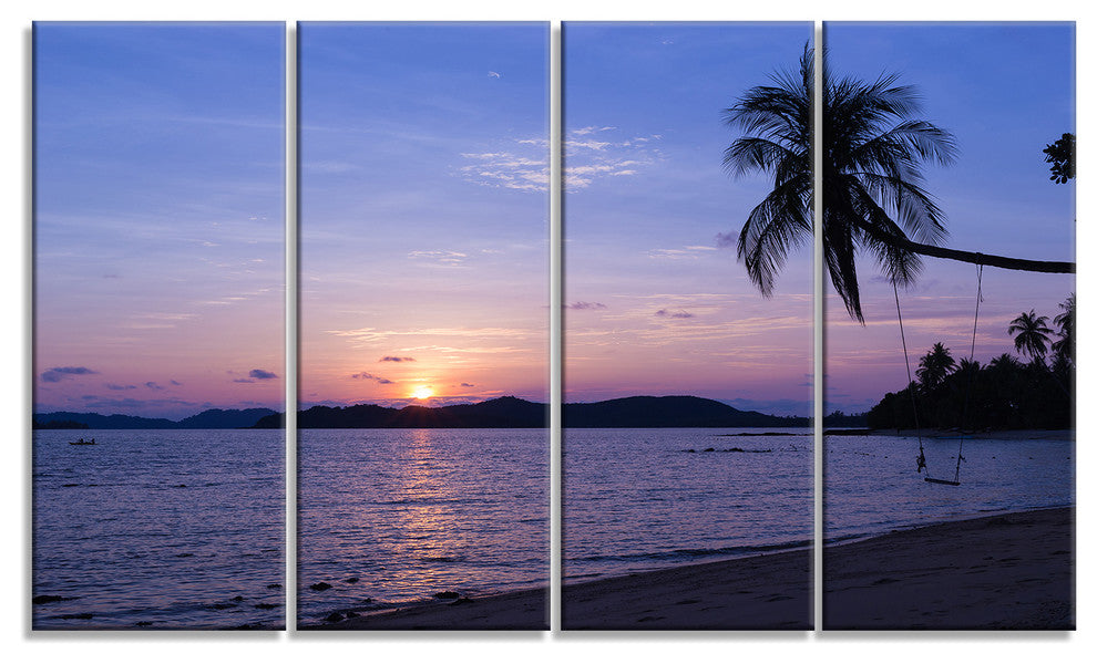 "Hanging Seat in Blue Sunset Beach" Modern Seashore Wall Art, 4 Panels, 48"x28"