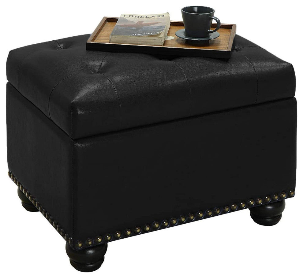 Modern Faux Leather Comfort Storage Ottoman, Black