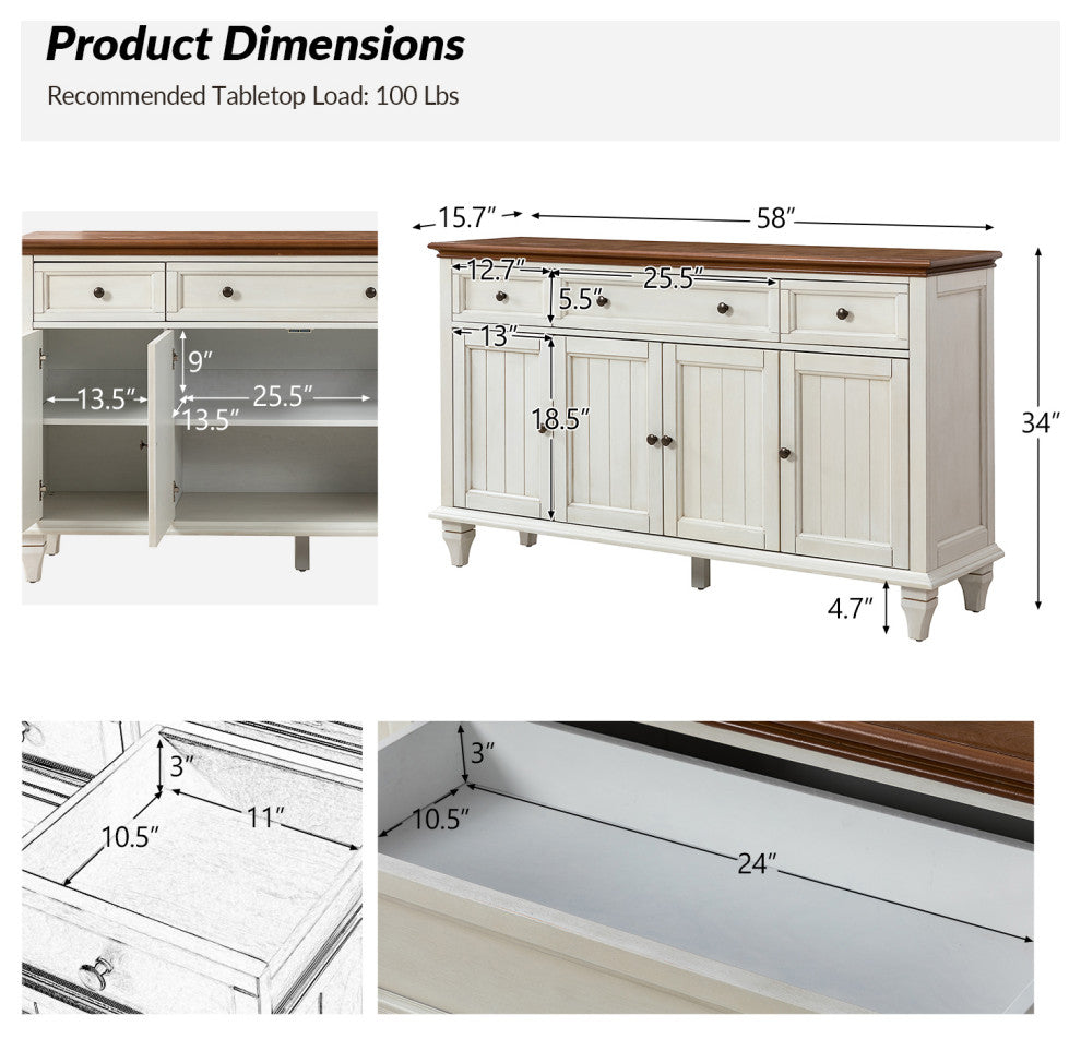 Traditional Sideboard With Storage With 3 Drawers, White