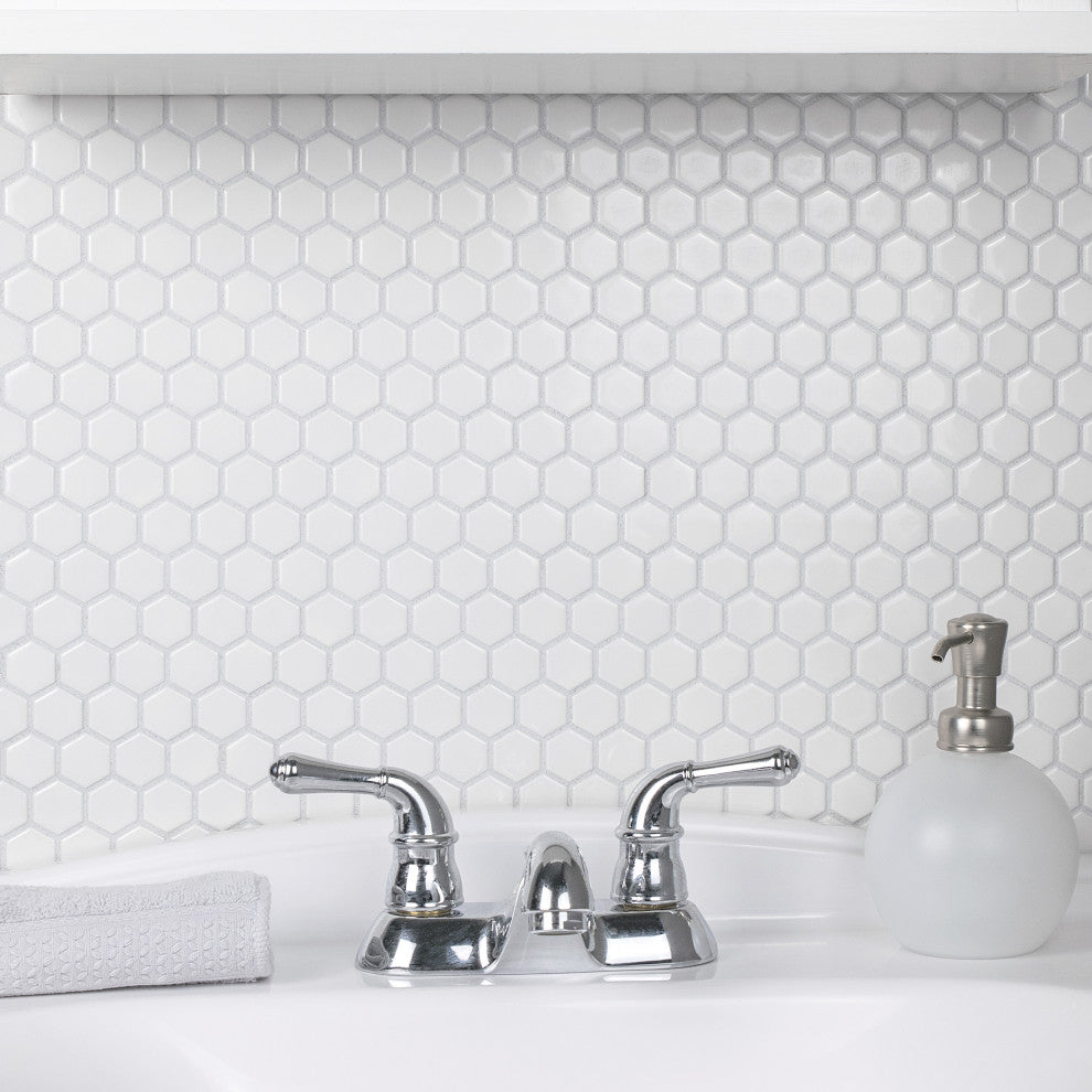 Metro 1" Hex Porcelain Mosaic Floor and Wall Tile, Glossy White