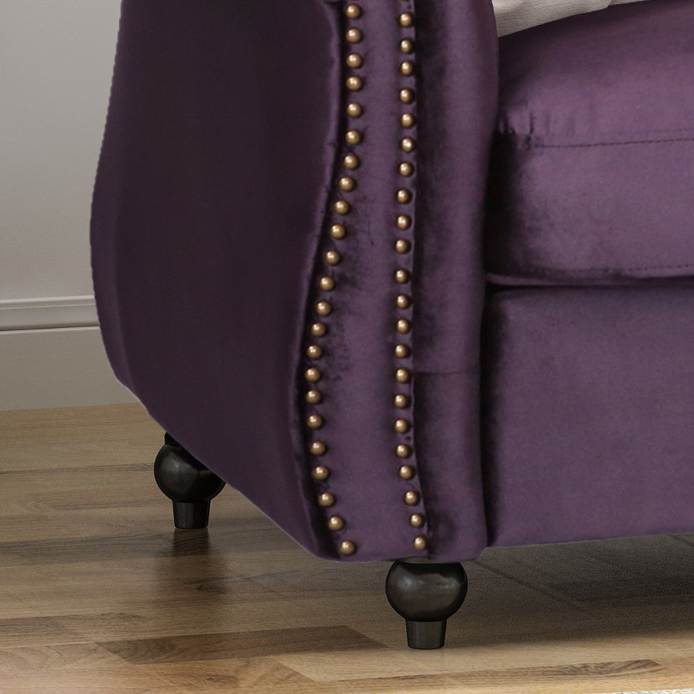 GDF Studio Vita Chesterfield Tufted Jewel Toned Velvet Sofa With Scroll Arms, Blackberry