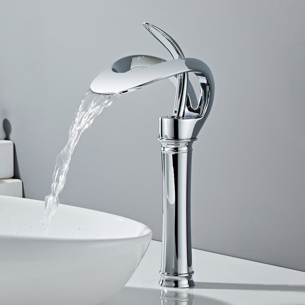 Elegant Waterfall Bathroom Faucet, Single Handle, Solid Brass, Chrome, Long