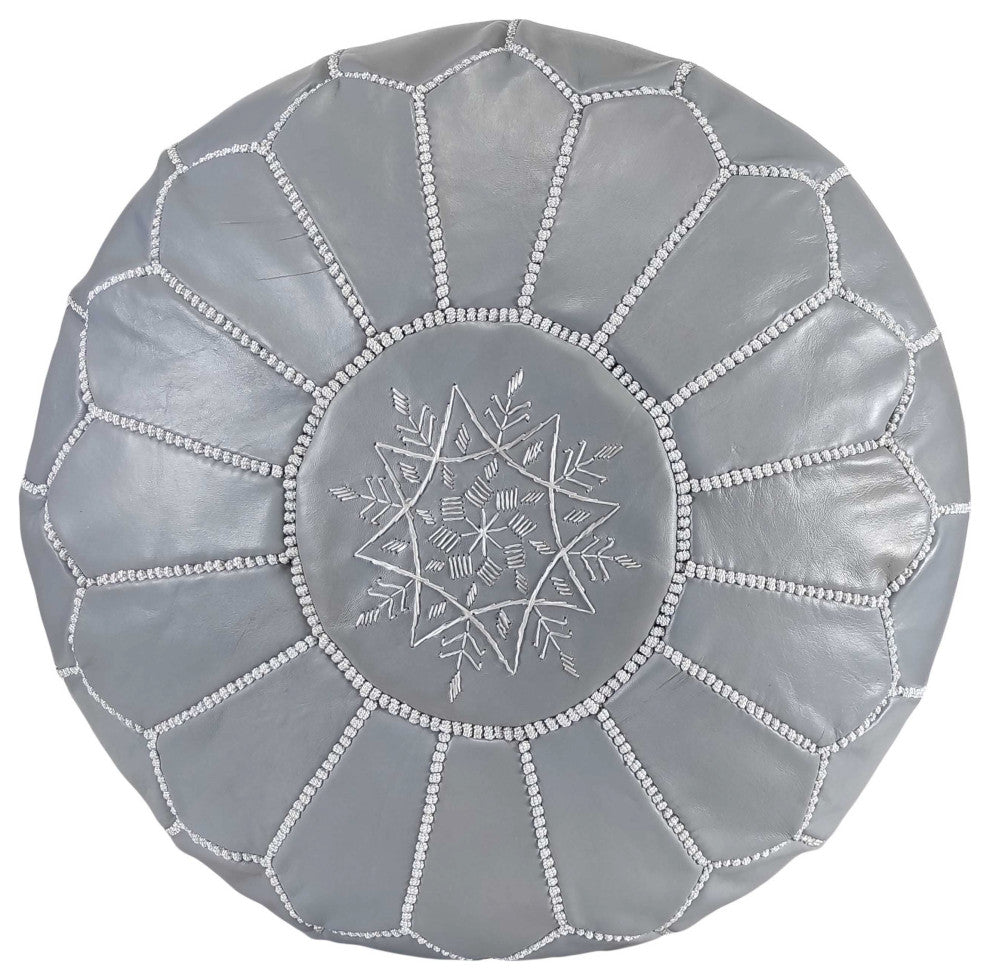 Handmade Moroccan Ottoman, Genuine Leather Pouf, Gray & White