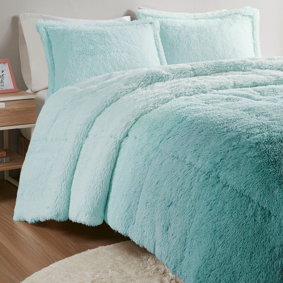 Intelligent Design Brielle Ombre Shaggy Long Fur Comforter Mini Set, Aqua