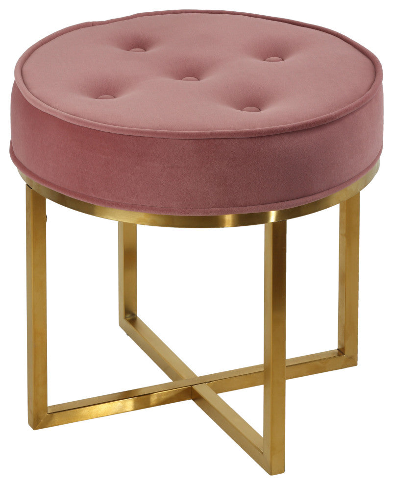Cortesi Home Rosa Round Ottoman, Blush Pink Velvet With Brushed Gold Steel