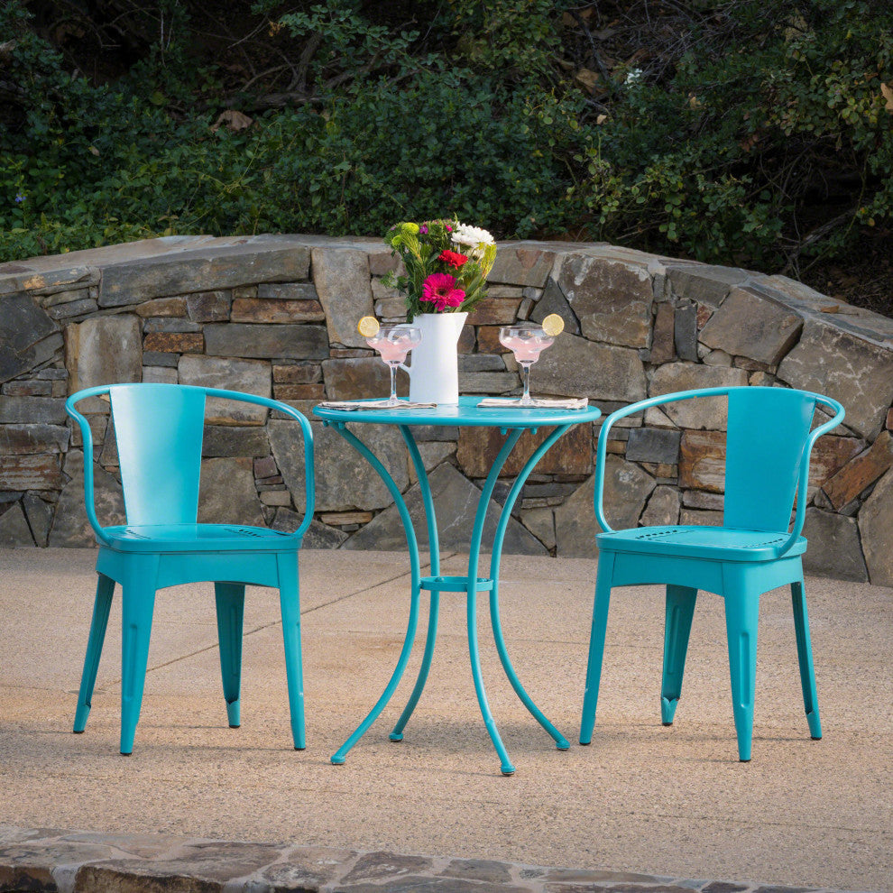 GDF Studio 3-Piece Leona Outdoor Iron Bistro Set, Matte Teal