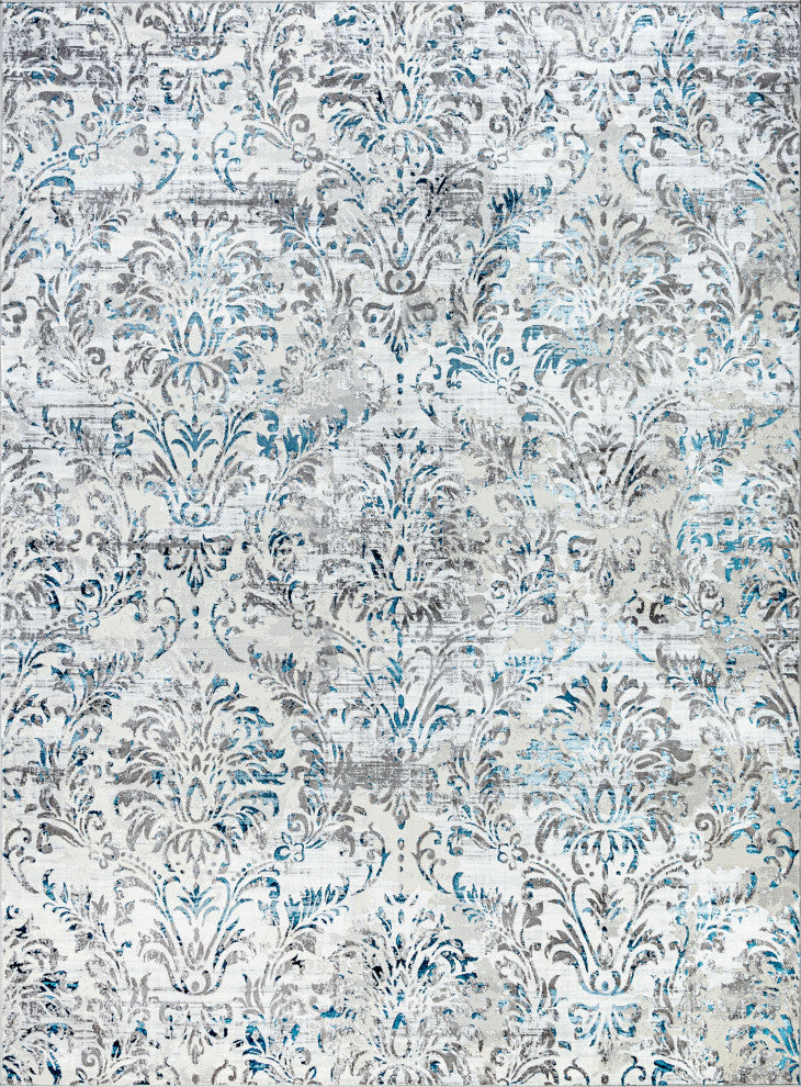 Kathryn Transitional Damask Area Rug, Blue, 5'x7'