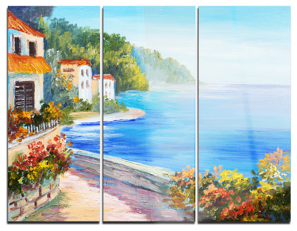 "House Near Blue Sea" Metal Wall Art, 3 Panels, 36"x28"