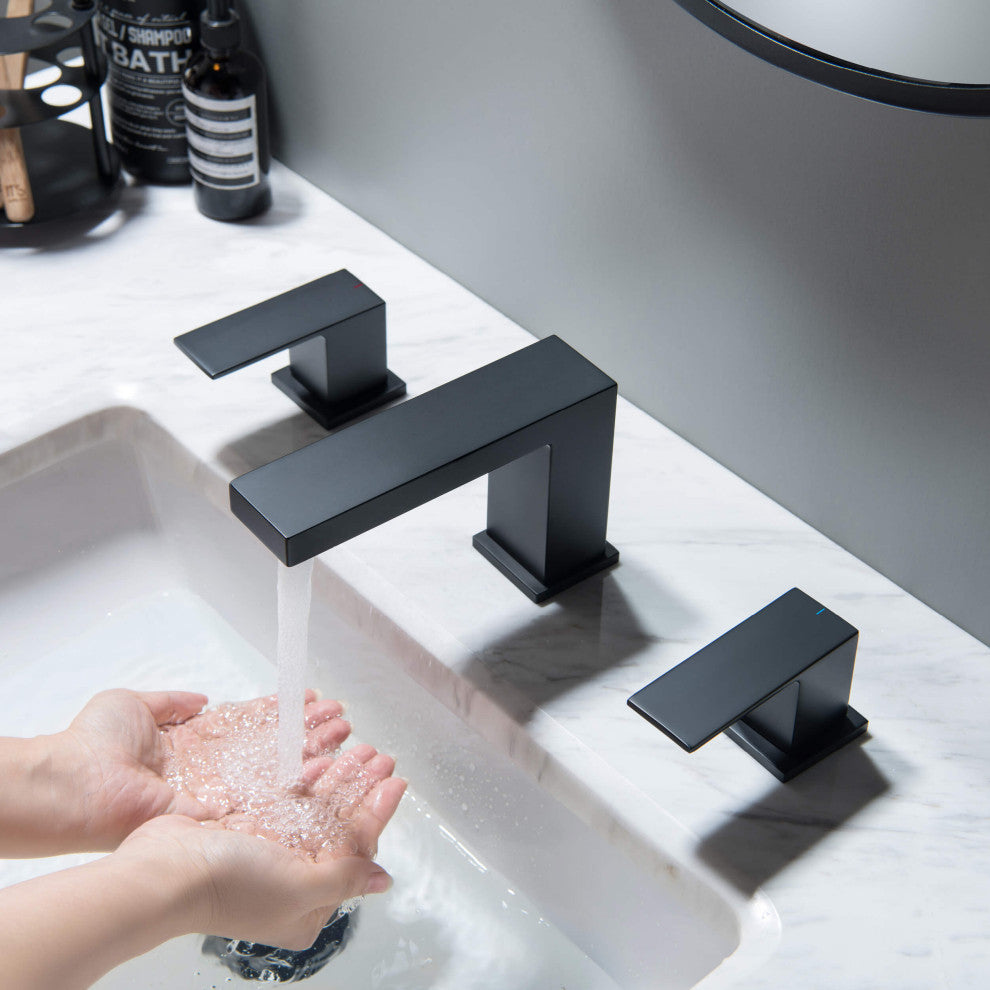 Cube 8" Widespread Bathroom Sink Faucet With Drain Assembly, Matte Black