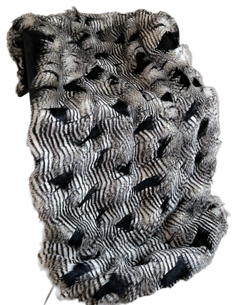 Plutus Black White Feather Faux Fur Luxury Throw, Blanket 114"L x 120"W King