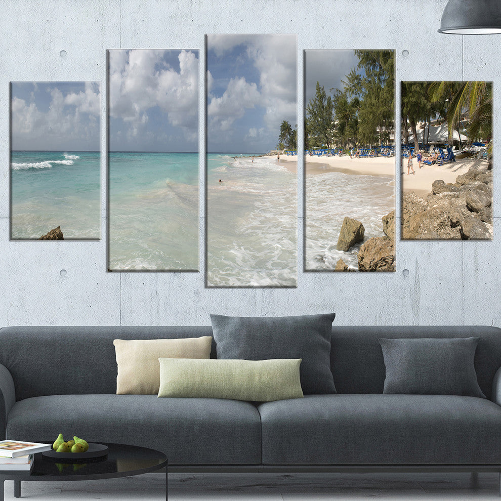 "Barbados Island White Seashore" Modern Seascape Wall Art, 5 Panels, 60"x32"