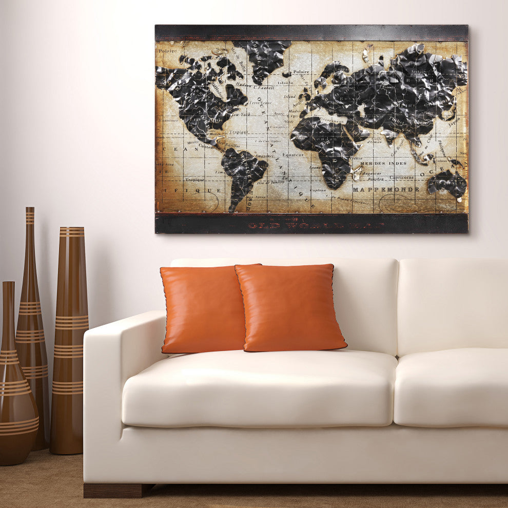 "World Map" Wall Art Mixed Media Iron Hand Painted Dimensional Wall Sculpture