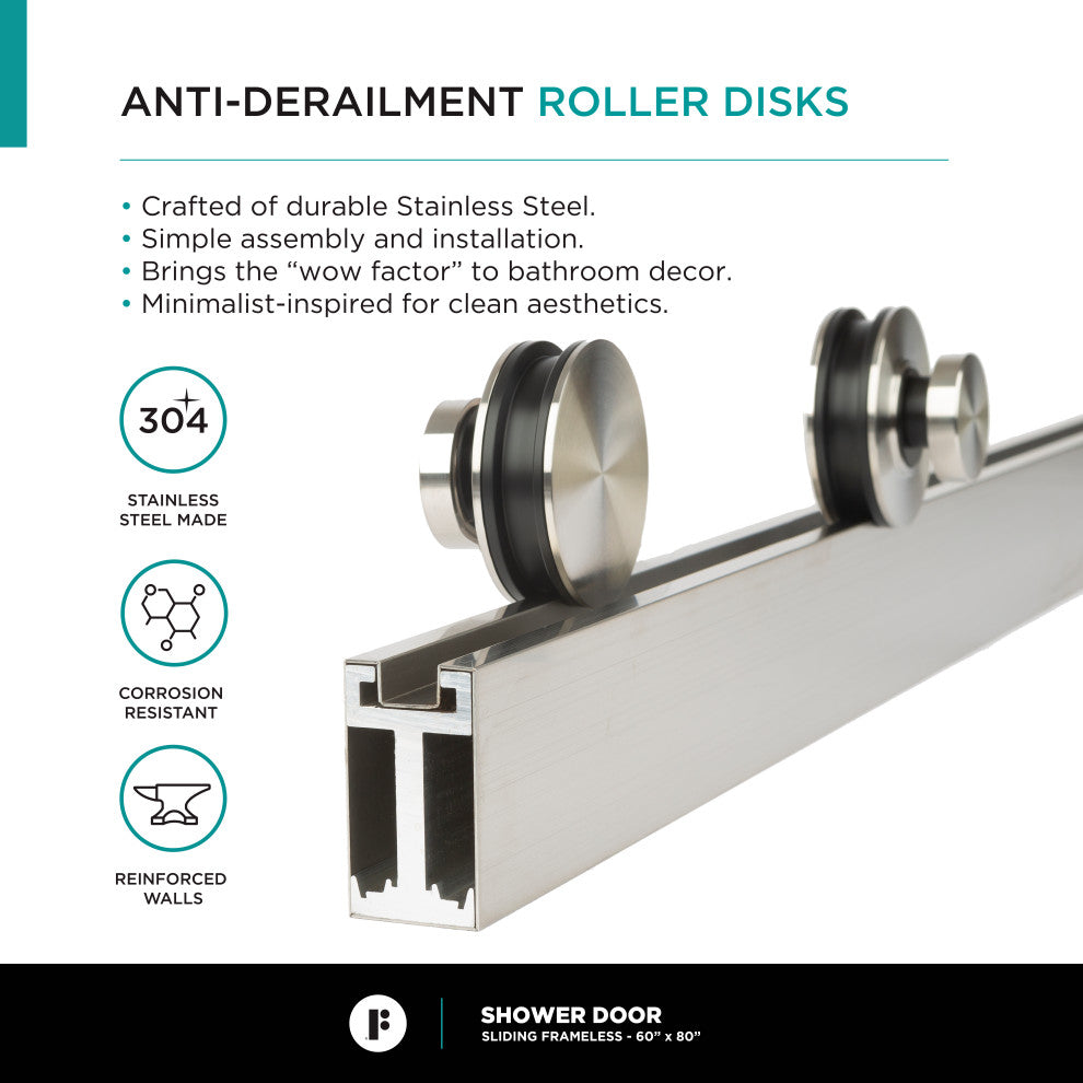 Frameless Clear Sliding Shower Door With Tempered Glass - Shower Bathroom Door, Satin Nickel, 60" X 80", Double Sliding Door