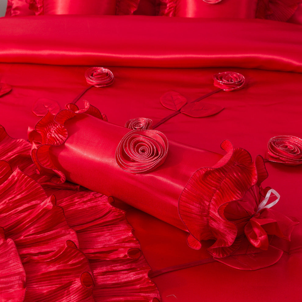 Red Rose Satin Ruffle Floral Romantic Victorian Comforter Bedding Set, King