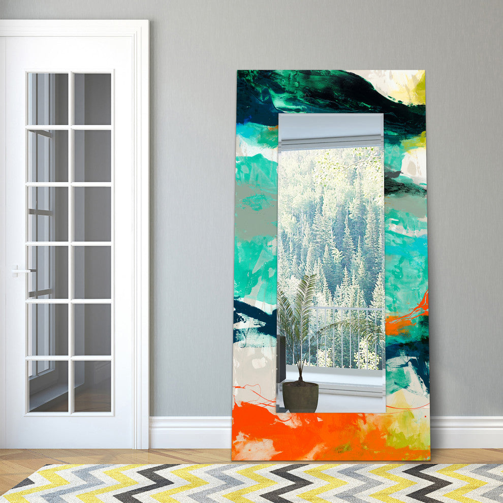 Abstract Rectangular Beveled Wall Mirror on Free Floating Printed Tempered Glass
