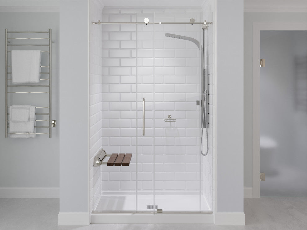 SteamSpa Teak Wall-mounted Folding Shower Seat in Brushed Nickel Trim 20 in.