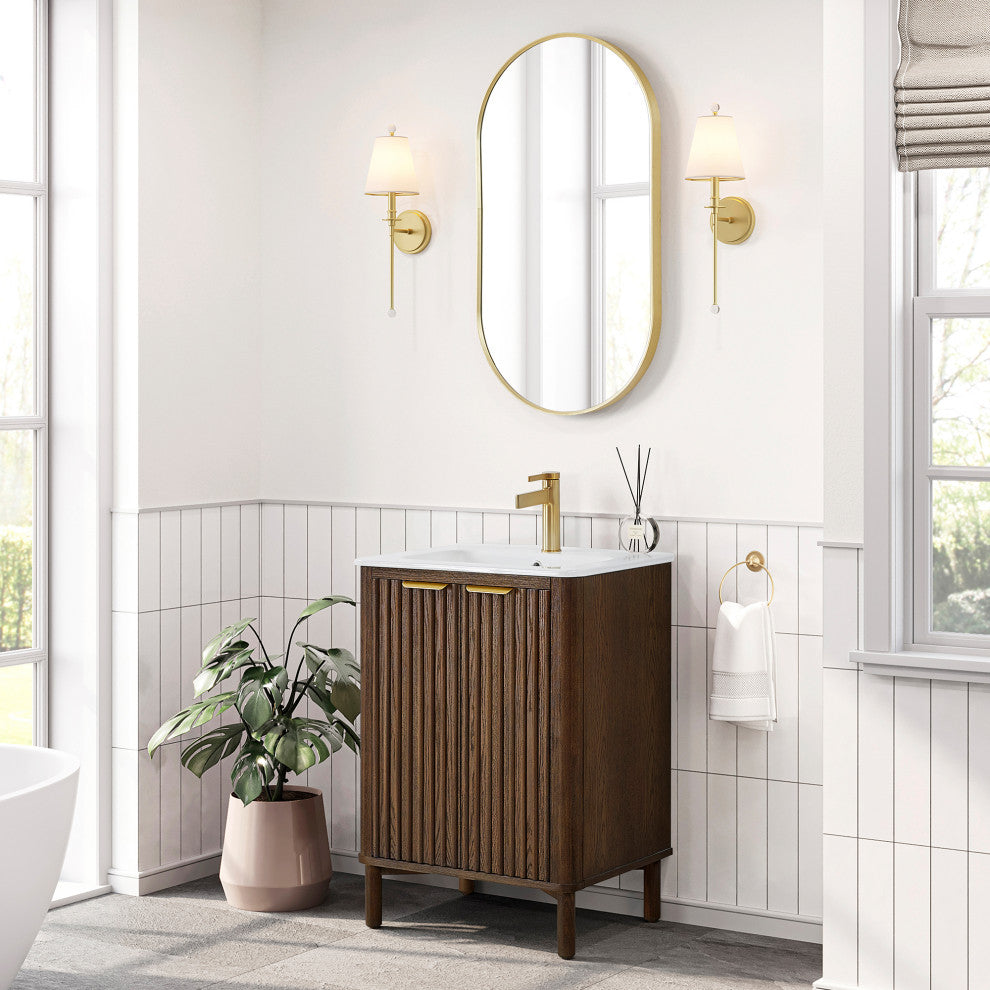 Mumbai Bath Vanity with Ceramic Basin Top without Mirror, Dark Brown Oak, 24", Single Vanity