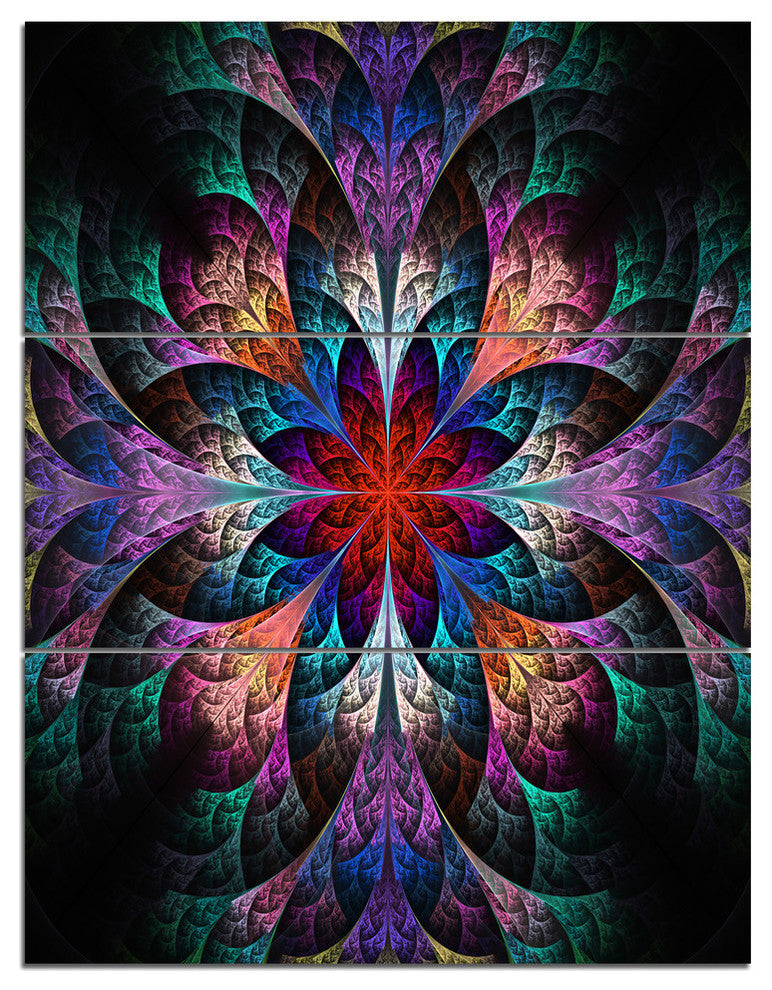 "Multi Color Fractal Flower Pattern" Metal Wall Art, 3 Panels, 28"x36"