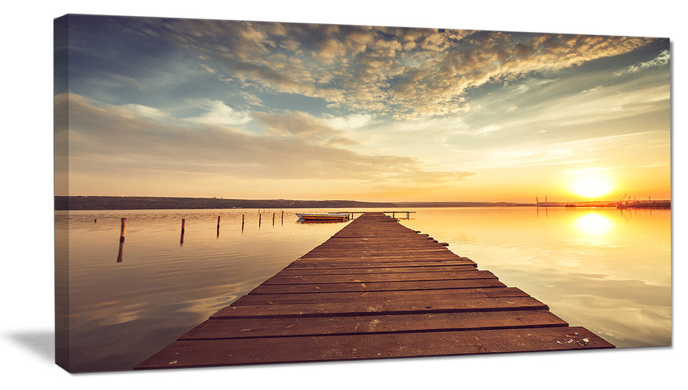 Sea Pier under Beautiful Cloudscape, Modern Canvas Art Print, 32"x16"