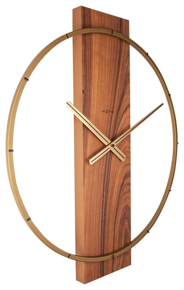 Carl Wall Clock, Round, Wood and Metal, Brown, Battery Operated