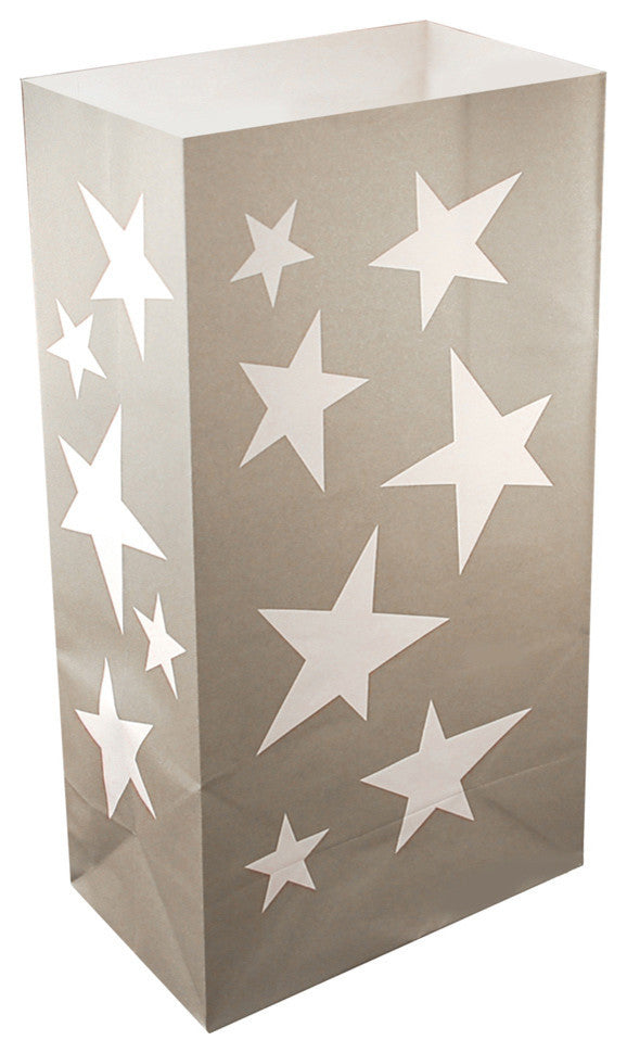 Luminaria Bags, Silver Stars, Set of 24