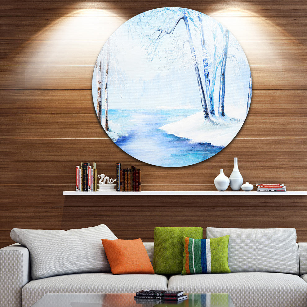 River In Snowy Winter, Landscape Disc Metal Artwork, 11"