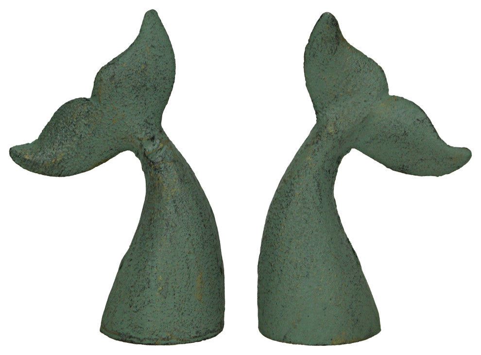 Set of 2 Verdigris Cast Iron Whale Tail Bookends Nautical Home Decor Bookshelf