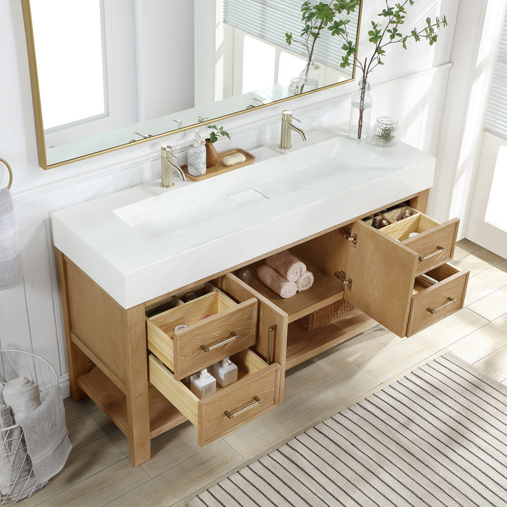 Vera Bath Vanity with Stone Top, Washed Ash Grey, 60", Single Vanity, No Mirror