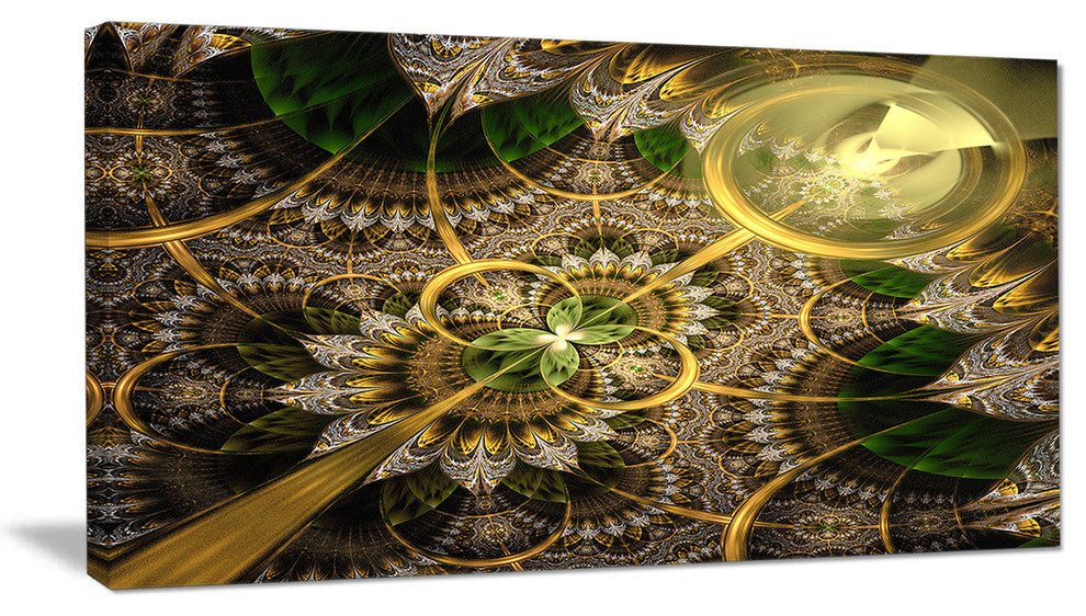 Dark Green and Gold Fractal Flower, Large Floral Canvas Art Print, 60"x28"