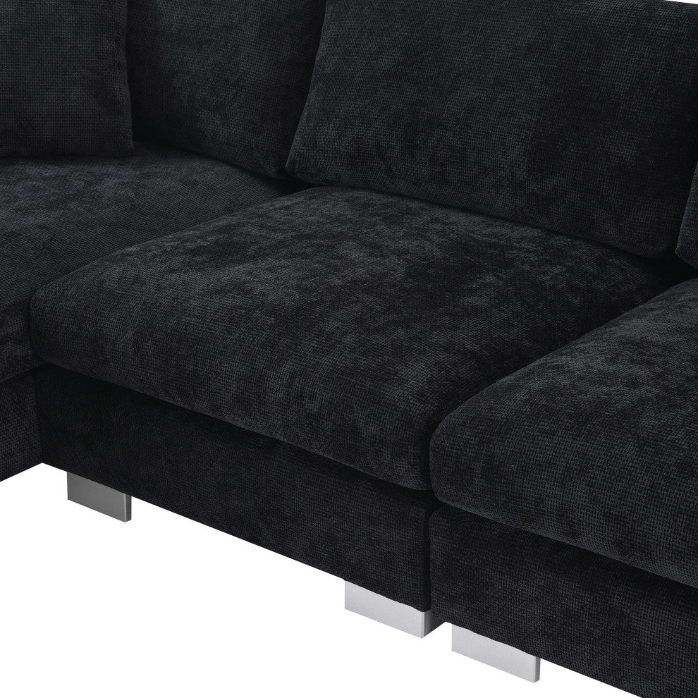 Alice Modern L-Shaped Cloud Chenille Sectional Chaise Sofa With 2 Pillows, Black