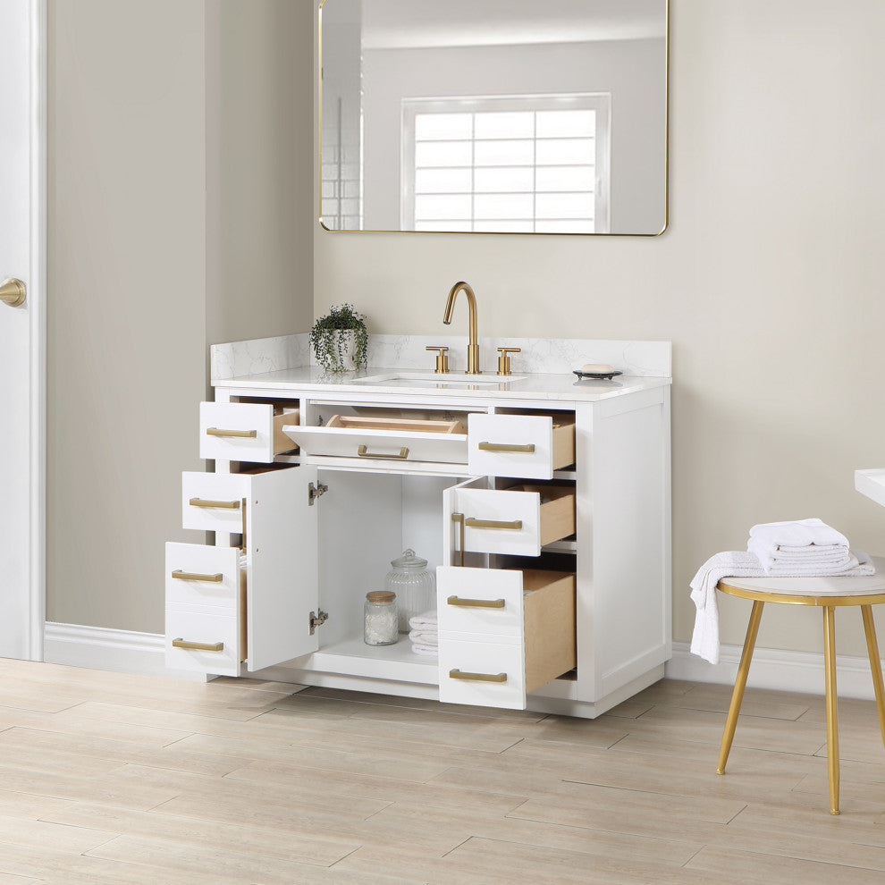 Gavino Vanity With Grain White Composite Stone Top, White/Brushed Gold, 48", No Mirror