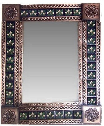 Medium Brown Three-lily Tile Talavera Tin Mirror