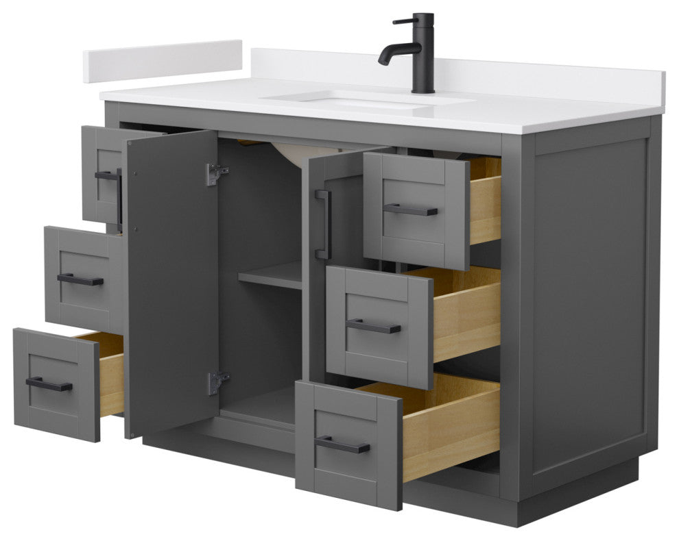 Miranda 48" Dark Gray SGL Vanity, White Cult. Marble Top, Black Trim
