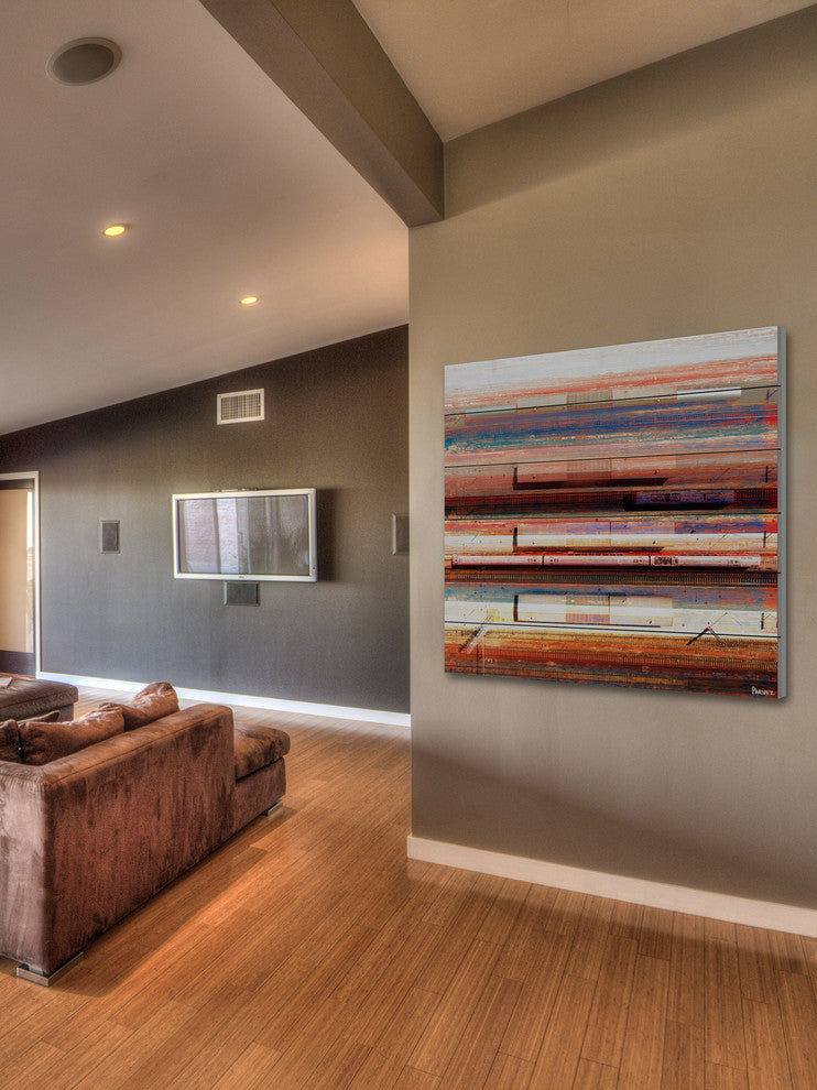 "Trains on Tracks" Painting Print on White Wood, 32"x32"