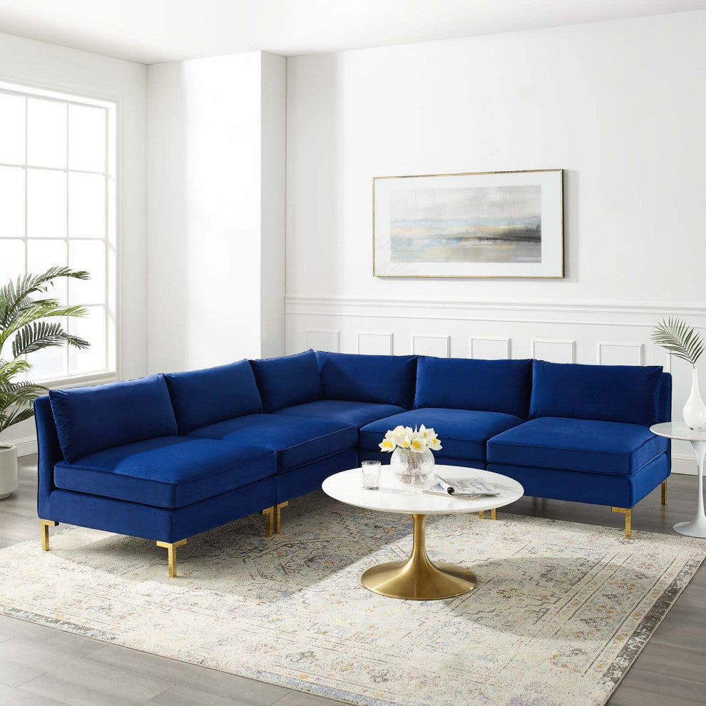 Sectional Sofa Set, Velvet, Blue Navy, Modern, Living Lounge Hotel Hospitality